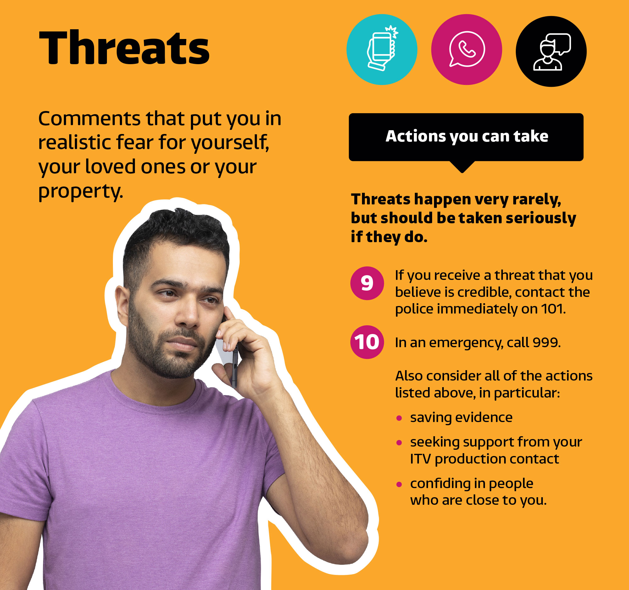 Threats. Comments that put you in realistic fear for yourself, your loved ones or your property. Actions you can take: Threats happen very rarely, but should be taken seriously if they do. 9. If you recieve a threat that you believe is credible, contact the police immediately on 101.10. In an emergency, call 999. Also consider all the of the actions listed above, in particular: saving evidence, seeking support from your ITV production contact and confiding in people who are close to you.